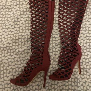Thigh high red cutout boots